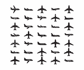 Obraz premium Airplane & Aircraft Icons: Black Silhouette Set for Air Travel & Aviation
