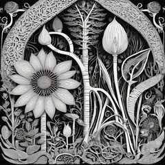 Bio-Engineered Garden in Woodcut Style Art