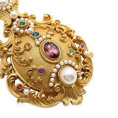 Close-up of a luxurious golden ornate jewelry piece with pearls and colorful gemstones, isolated on a transparent background