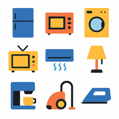 Collection of essential household appliances in a flat design style illustration