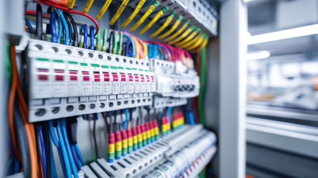 Detailed electrical distribution panel with colorful wires, circuit breakers, safety tape, and organized components in a clean, functional installation setup.