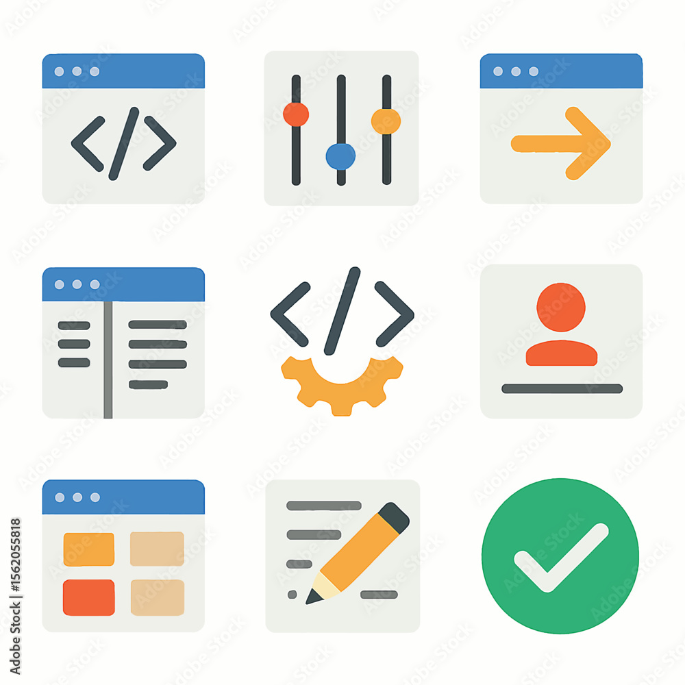 Poster collection of interface elements and development icons in a flat design style