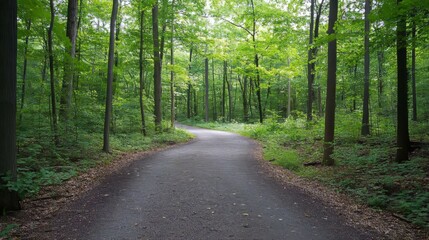 Fototapeta premium Picture of a peaceful forest trail surrounded by lush trees