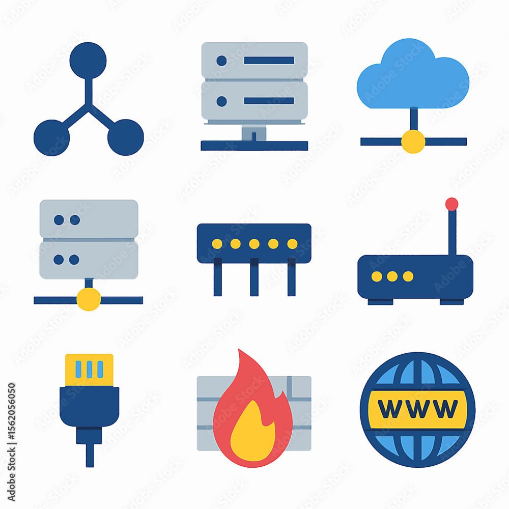 Poster collection of network and internet icons representing technology and connectivity