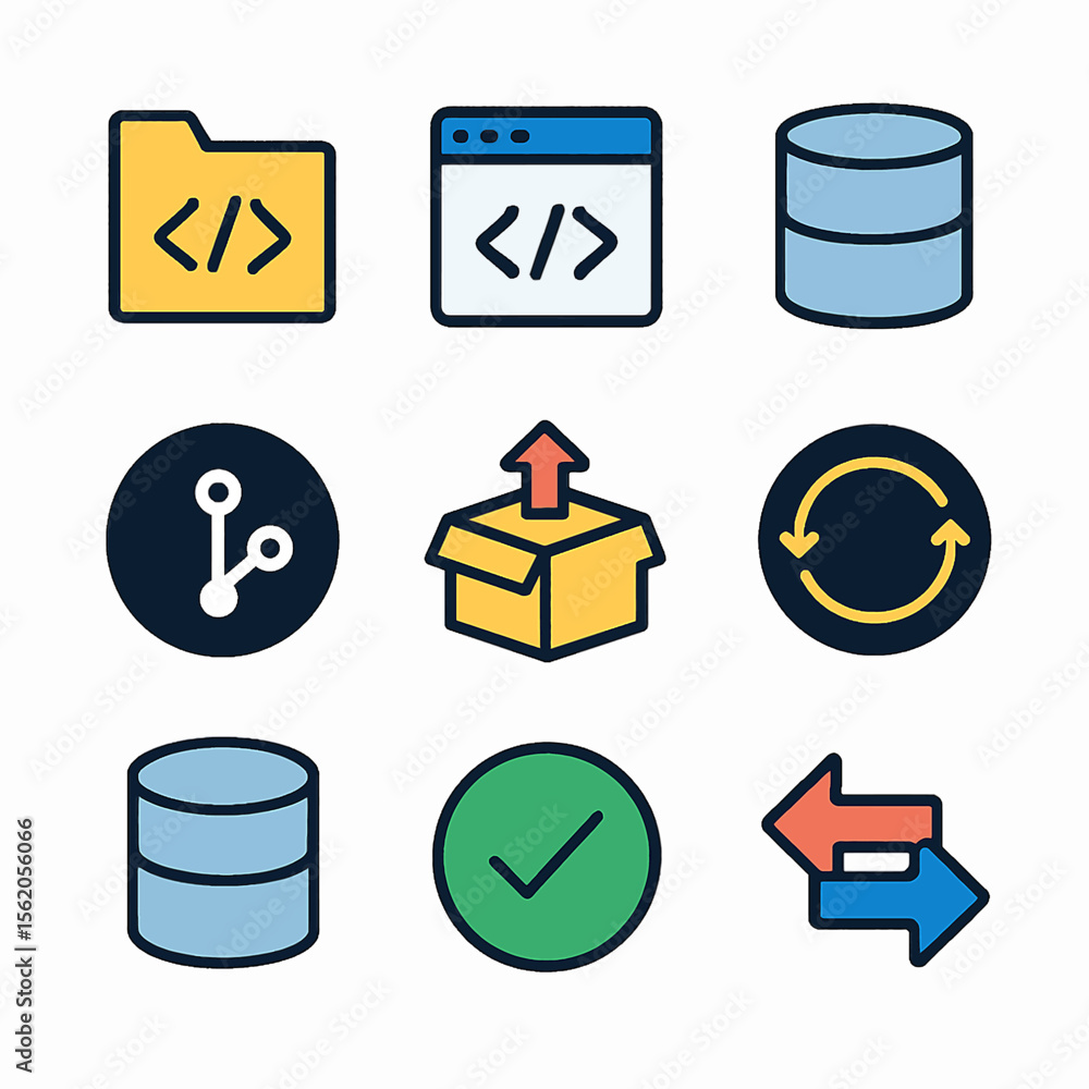 Poster collection of nine colorful software development and data management vector icons
