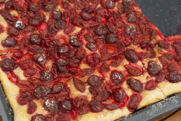 homemade pie with fresh cherries, concept of bakery, dessert, food description: a close-up shot of...