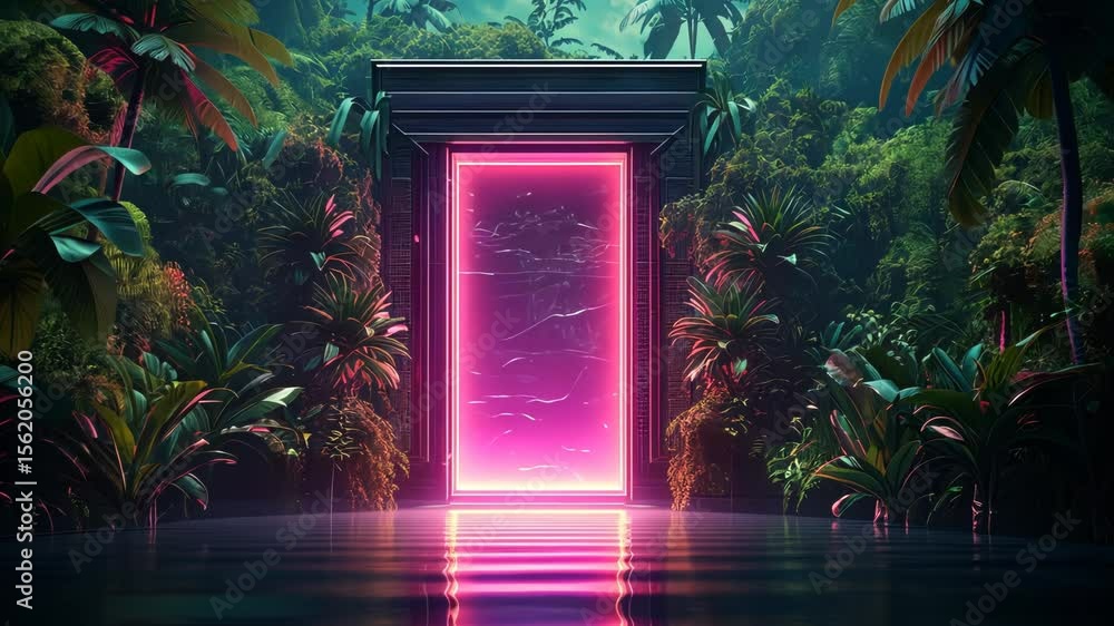 Poster mysterious door or portal with neon light in the jungle in synthwave style