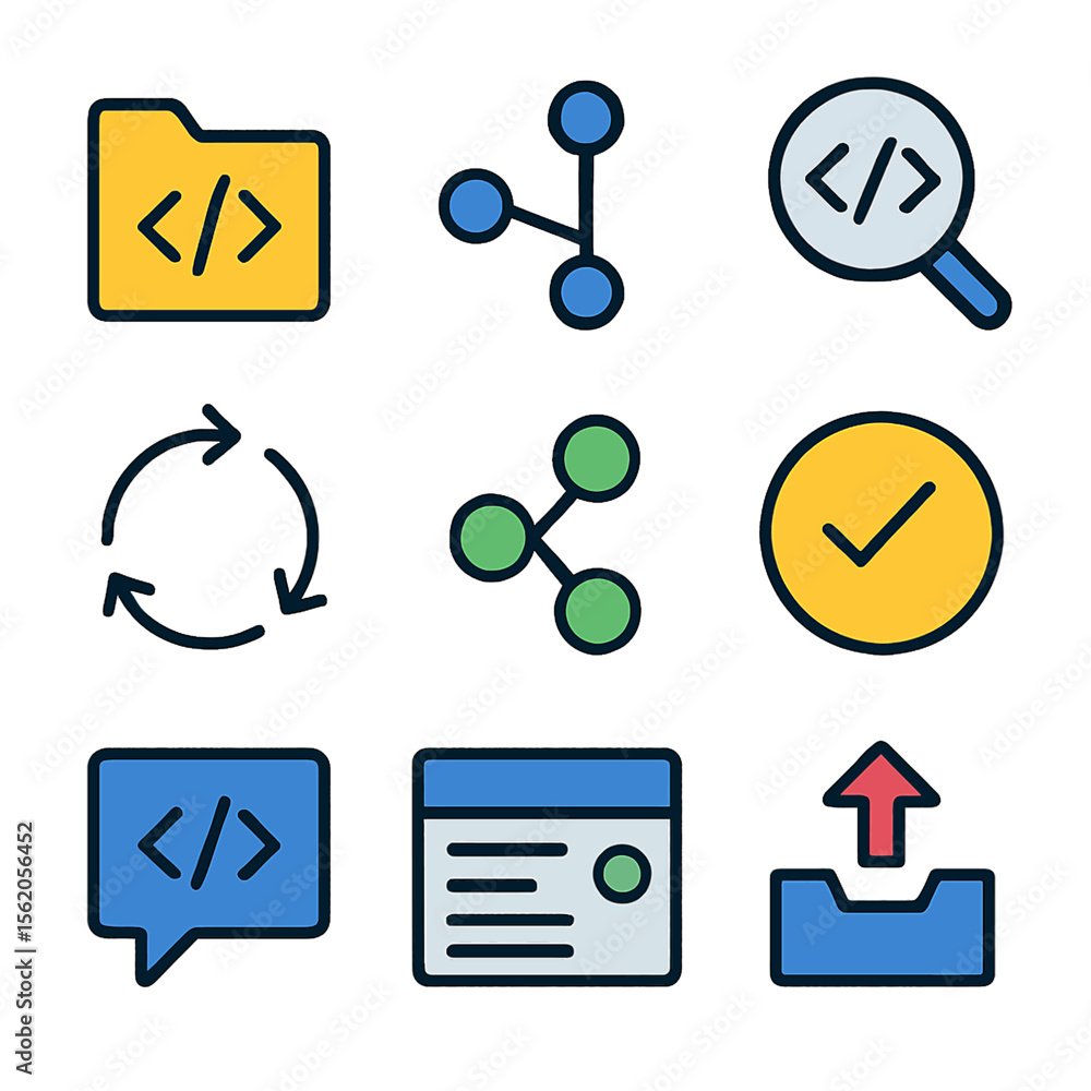 Poster collection of technology vector icons representing coding, sharing, searching and uploading