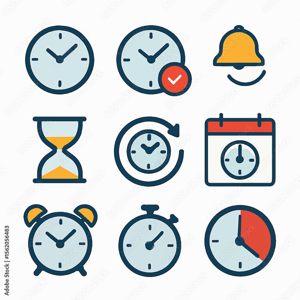Poster collection of time management icons in a vector format depicting timing and scheduling tasks