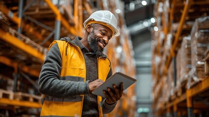 Smiling warehouse worker in a safety vest using a tablet among stacked pallets in a busy storage facility