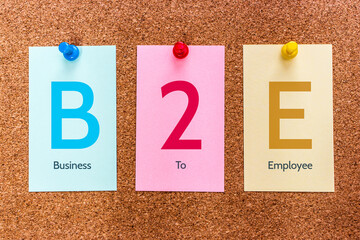 Conceptual 3 letters keyword B2E (Business To Employee), on multicolored stickers attached to a cork board.