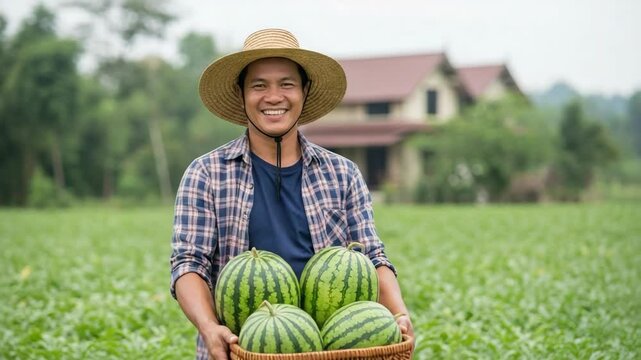 Smiling Farmer Holding Fresh Watermelons in a Lush Green Field