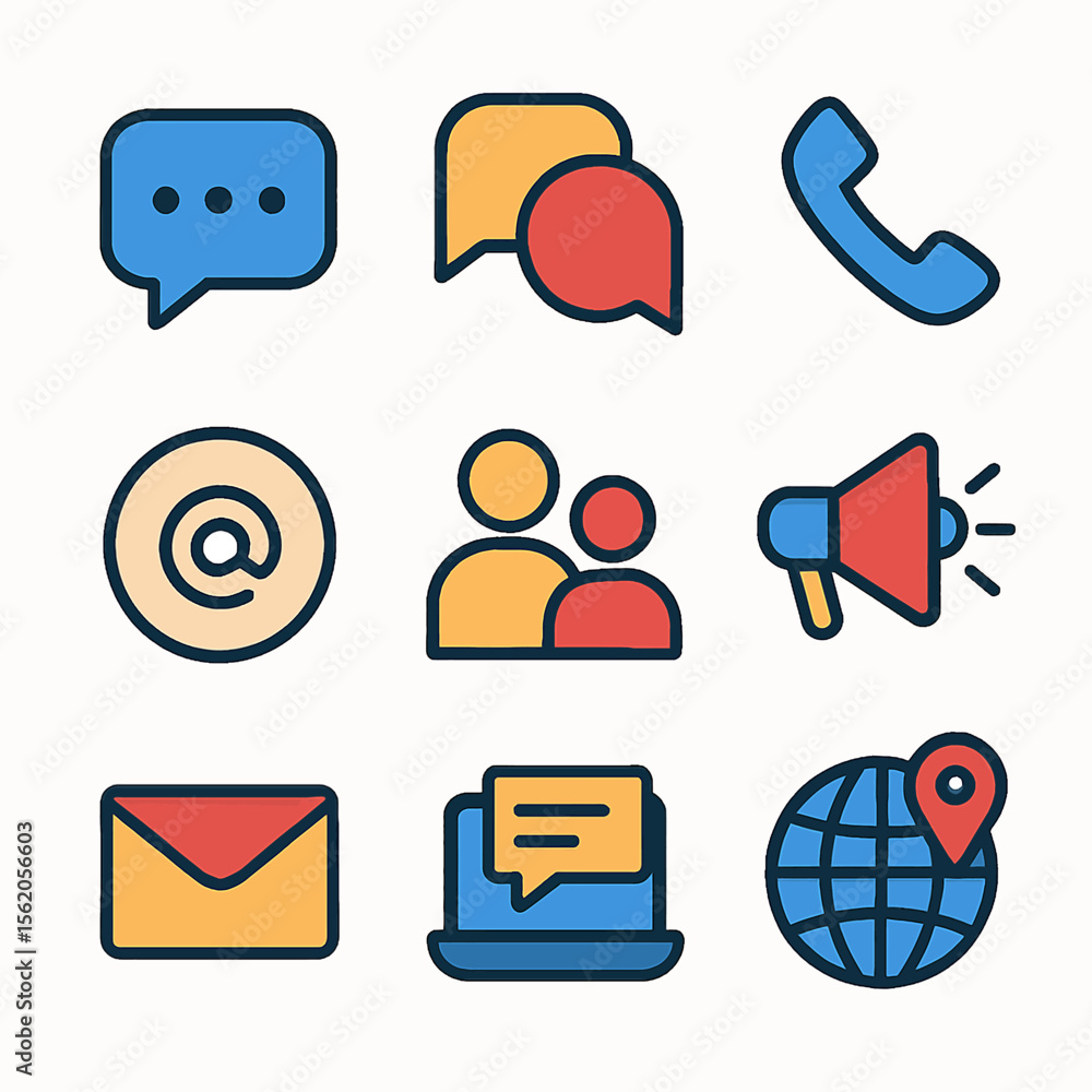 Poster collection of vibrant communication and connection icons for digital interfaces