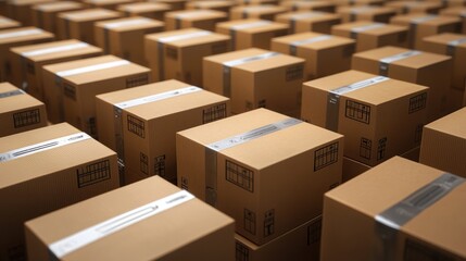 A stack of cardboard boxes with a label on each box, arranged in a grid pattern.