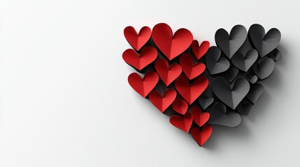 Red and black paper hearts arranged in a large heart shape
