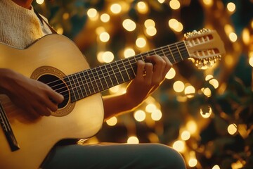 Fototapeta premium Musician playing guitar surrounded by warm glowing lights on a cozy evening