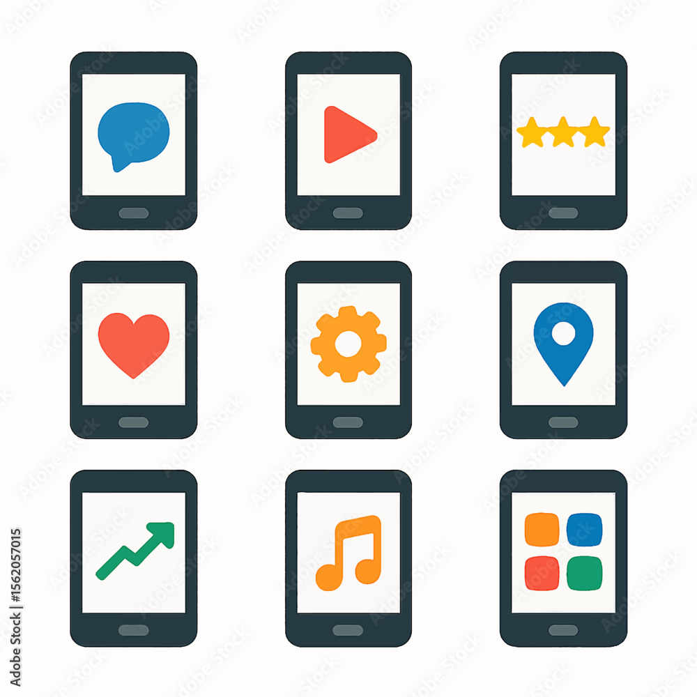 Poster colorful app icons displayed on smartphone screens illustrating various functionalities