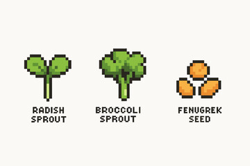 Pixel art soil, potted plant, and watering can - gardening tools in 8-bit style vector icon isolated illustration