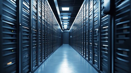 A long, narrow hallway with rows of server racks in a data center.