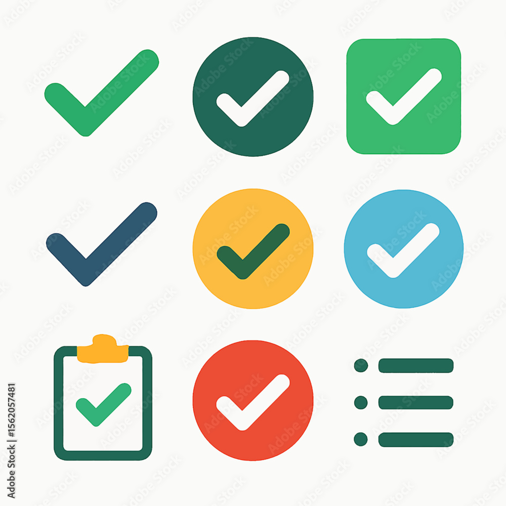 Poster colorful check mark icons displaying task completion and confirmation symbols