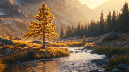 Peaceful mountain scene with a lone