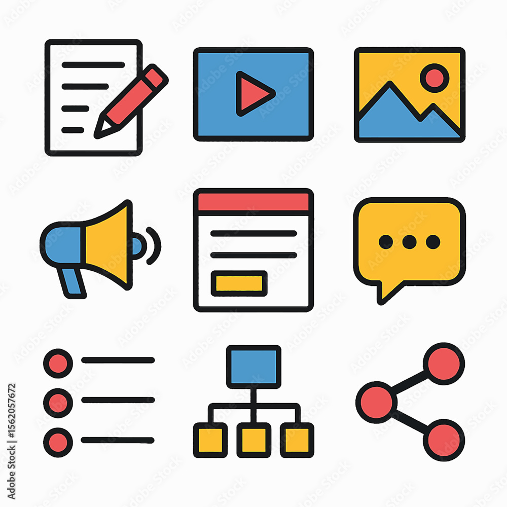 Poster colorful collection of vector icons representing content creation and social media themes
