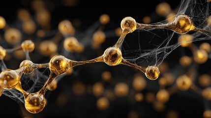 Abstract Golden Molecular Structure with Connected Nodes and Lines on Black Background Representing Advanced Technology and Innovation