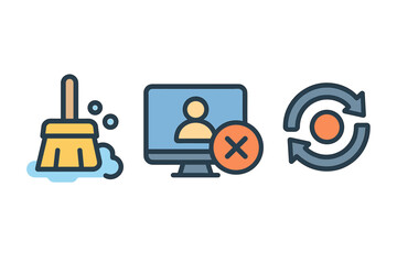 Screen time management icons with graph, prohibition symbol, and balance scales vector icon isolated illustration