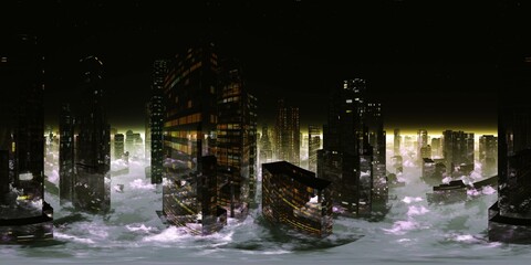 Night city, Cityscape, Environment map. HDRI map. Equirectangular projection. Spherical panorama., 3D rendering