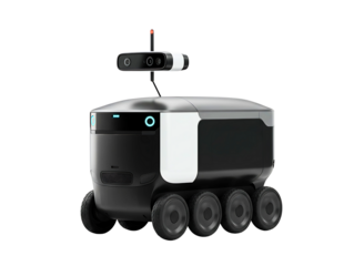 Futuristic autonomous delivery robot with multiple wheels isolated on transparent background