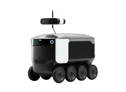 Futuristic autonomous delivery robot with multiple wheels isolated on transparent background