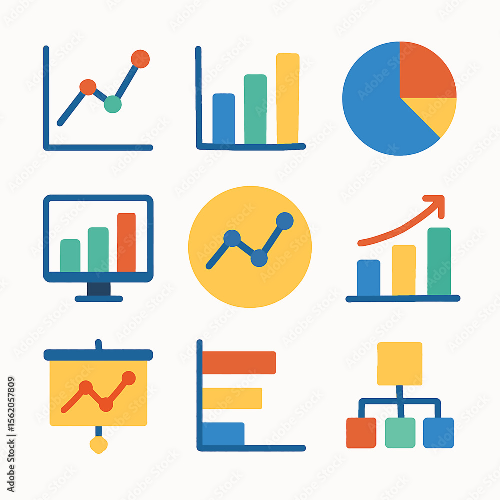 Poster colorful data visualization icons set displaying various types of charts and graphs