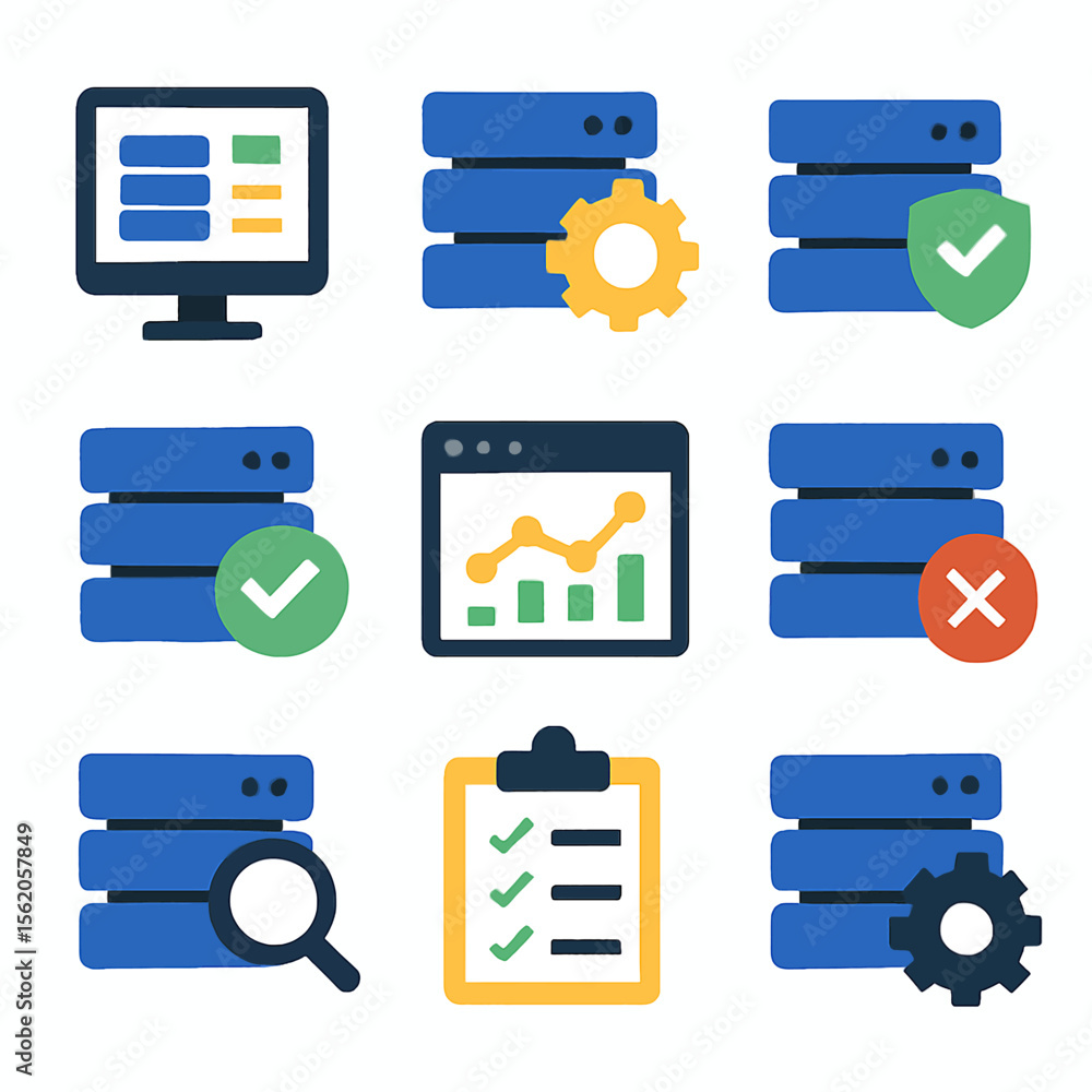 Poster colorful database icons displaying data management and technology solutions concept