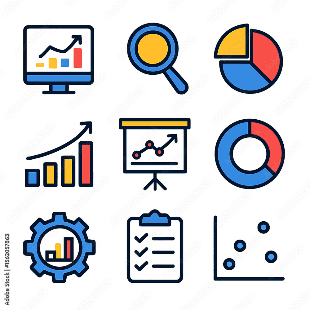 Poster colorful data analysis and business intelligence vector icons set on white background