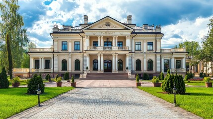 A grand, ornate mansion with multiple floors, columns, and a grand entrance, surrounded by lush greenery and a paved driveway.