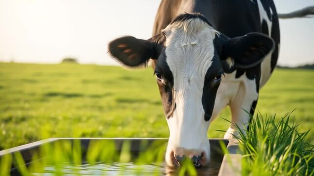 Holstein cow drinking water from trough in green pasture, farm animal quenches thirst on sunny day