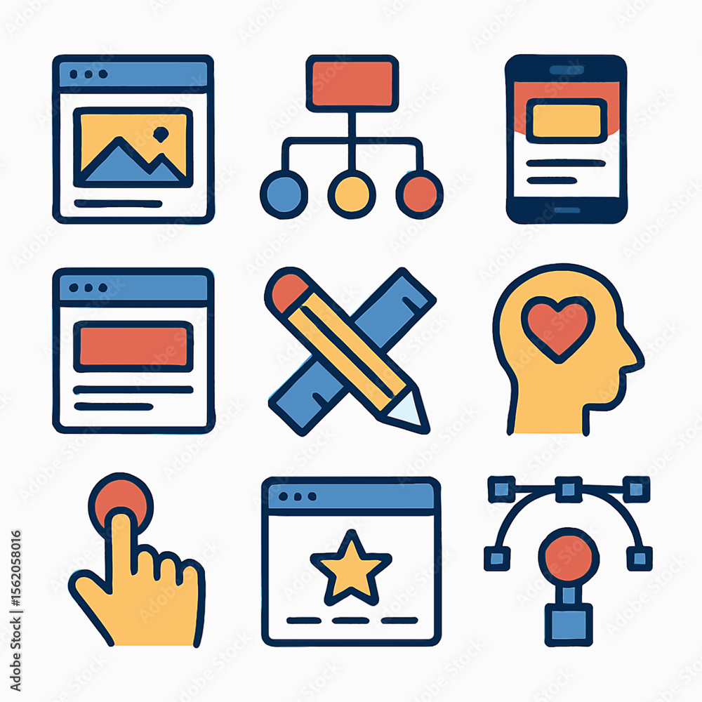 Poster colorful design icons representing web development process and user experience