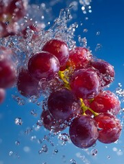 Red Grapes Splashing in Water Against a Blue Background