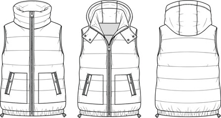 Technical flat sketch of padded sleeveless puffer vest with detachable hood, zipper closure, front pockets, fashion design CAD vector © Shafik Creatives