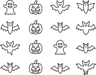 Spooky Halloween Icons Line Art Featuring Ghosts, Bats, and Pumpkins Festive Halloween Themed Designs
