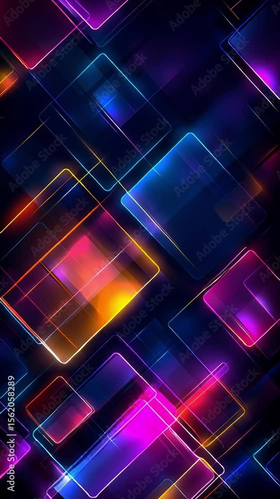 Poster abstract glowing squares in vibrant neon colors on a dark background, creating a dynamic and futuris