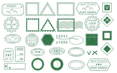 Blank green postage rubber stamp. Mockup office stamp. Clean post postmark template. Vintage style sticker collection, travel destination mail, tourism, mountain, summer, sun theme Vector illustration © zzayko