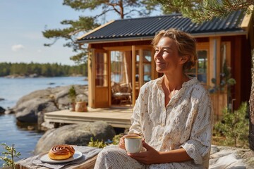 A woman enjoys a moment of quiet contentment and "summer hygge" with an authentic Swedish coffee break at a rustic summer cabin by the Baltic Sea.