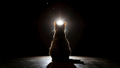 A scene with the back of a dead cat sitting and the light of the entrance to heaven