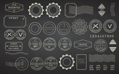 Blank postage rubber stamps on black chalkboard. Office stamps. Clean post postmark template. Vintage sticker collection, travel destination mail, tourism, mountain, summer, sun Vector illustration