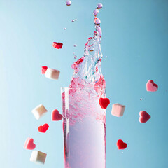 Dynamic splash of pink liquid with heart shaped candies and marshmallows