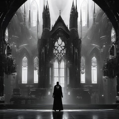 Monochrome Techno-Gothic Opera Scene with Neon Signage – AI Art Prompt