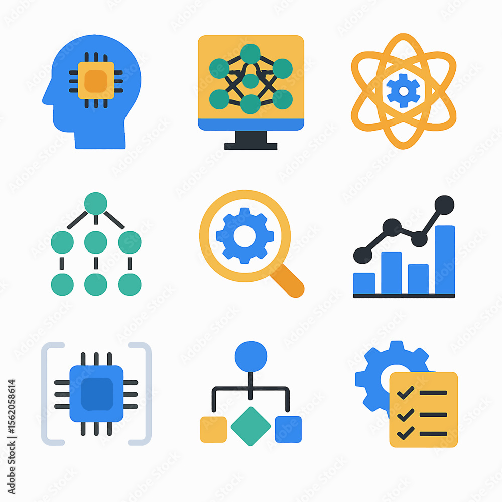 Poster colorful icons representing artificial intelligence, data science, and machine learning concepts