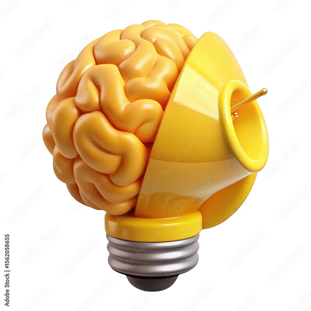 Poster 3d brain lightbulb idea concept isolated on transparent background