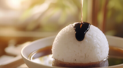 Close up view of round mound of white rice topped with drizzle of dark sauce, creating delicious and inviting presentation